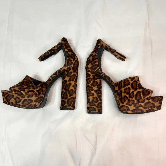 Jessica Simpson Leopard Print Platform Heels Open Toe - Real Cow Hair Fur - Picture 2 of 6